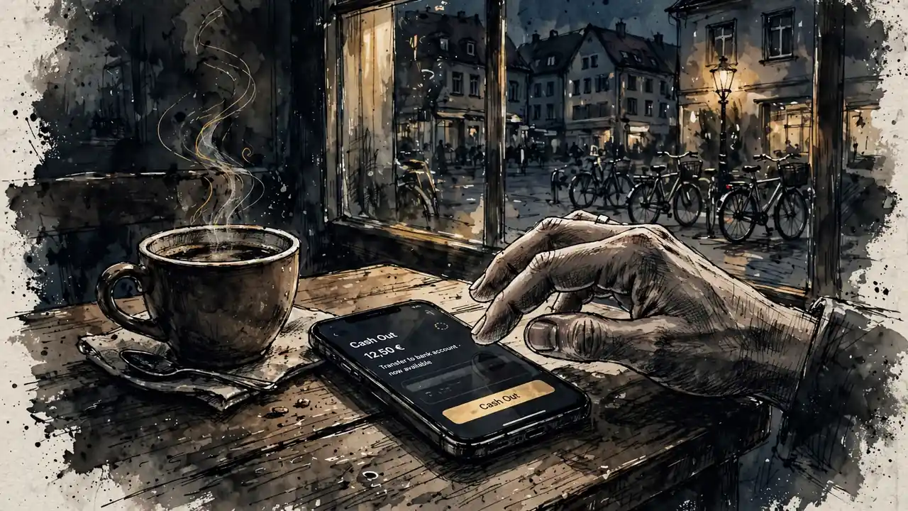 Hand tippt auf Smartphone in einem Café, Kaffee daneben, Straßenlicht von draußen