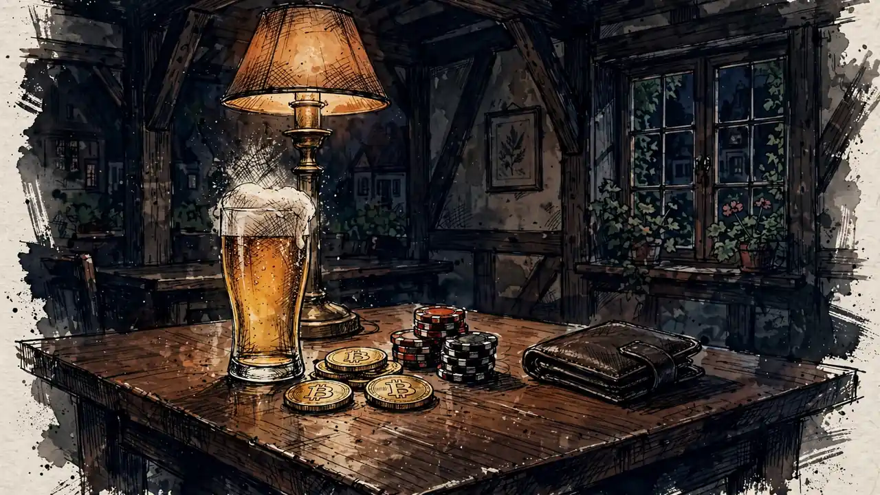 Holztisch in deutschem Fachwerk-Interieur mit Bierglas, Krypto-Münzen, Casino-Chips und Geldbörse.