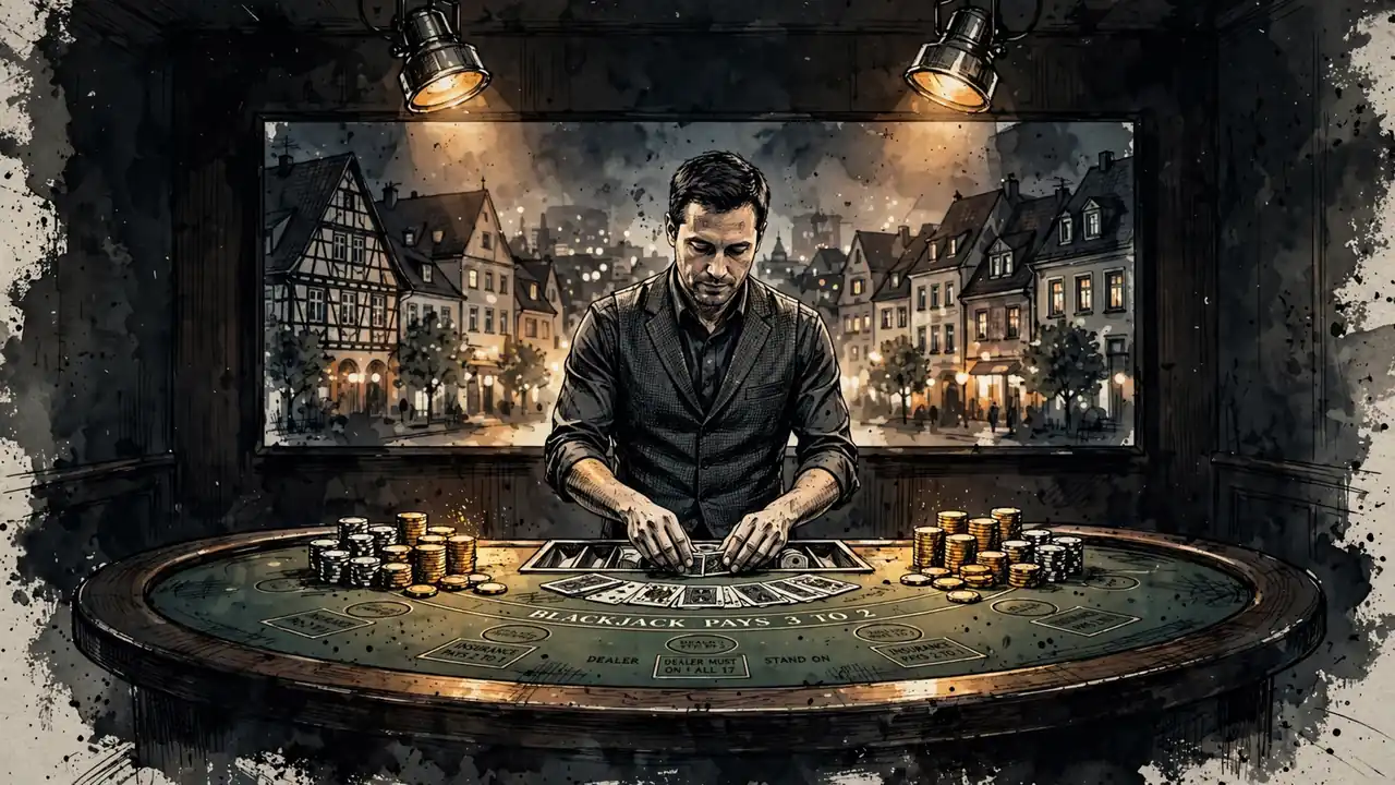 Live-Blackjack-Dealer am Spieltisch mit Chips und Karten im Studio