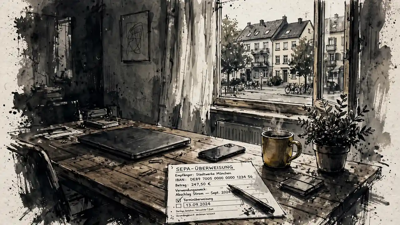 Deutscher Arbeitsplatz mit Laptop, Überweisungsformular und Blick auf eine Wohnstraße