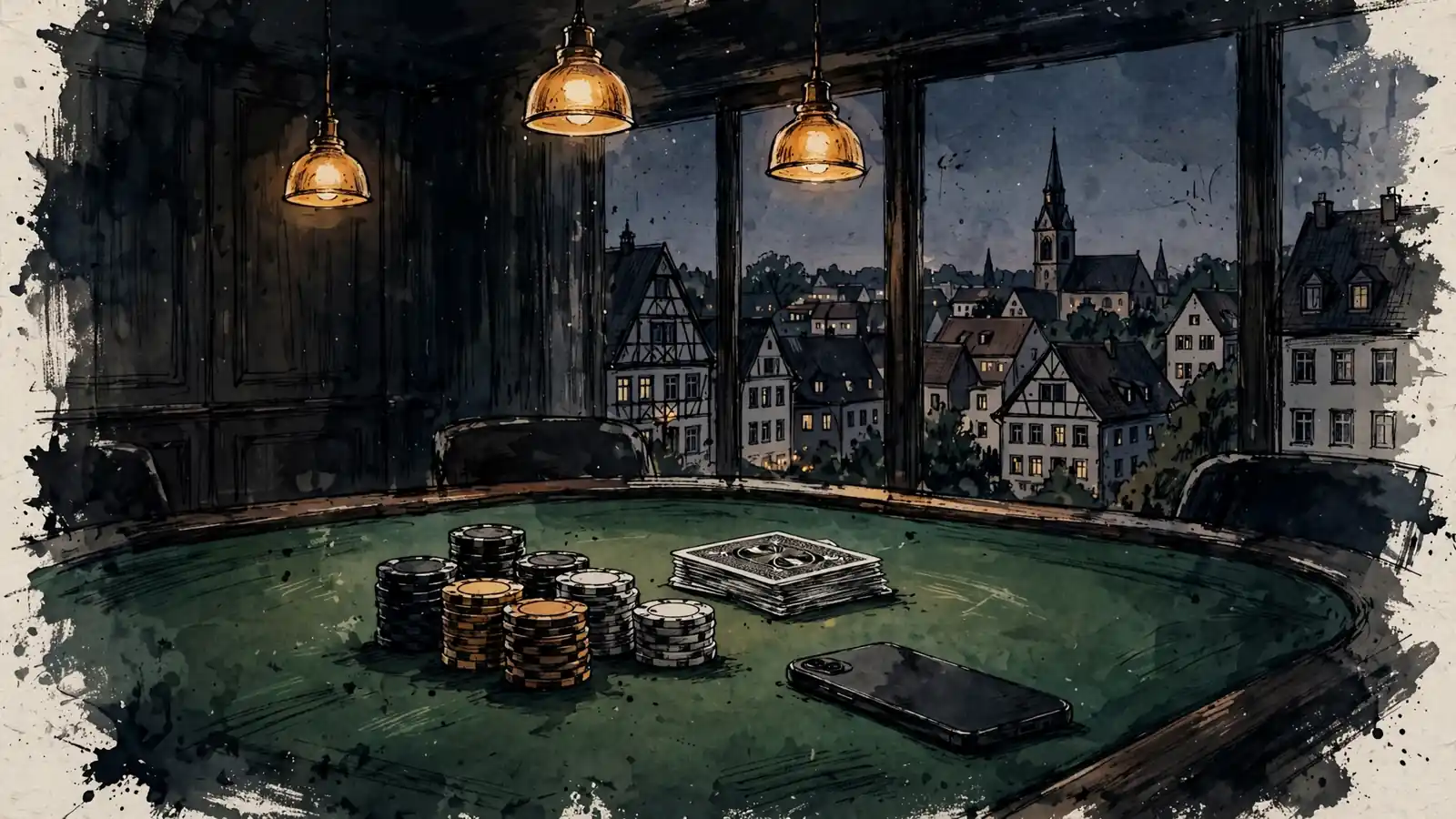Casino-Tisch mit Pokerchips und Karten in einem deutschen Casino-Lounge bei Dämmerung