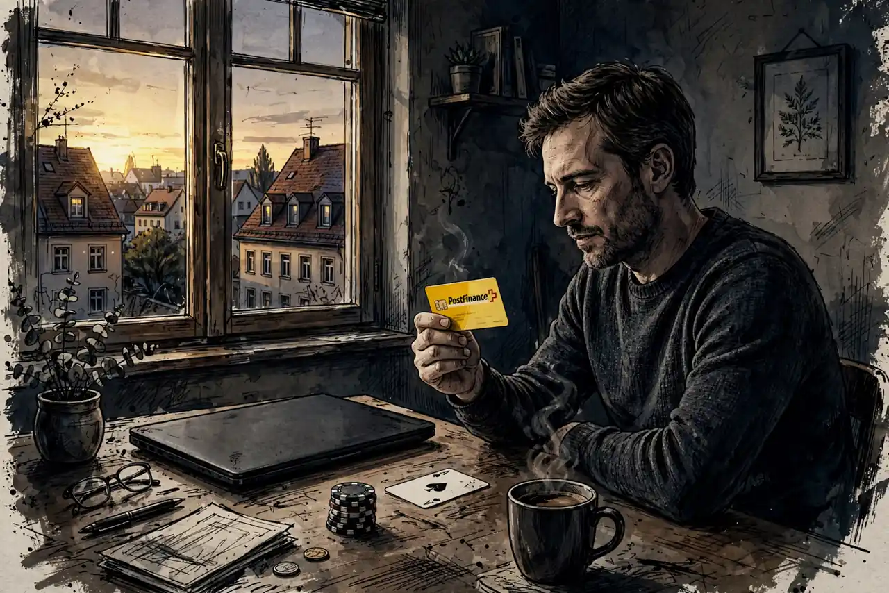 Person am Schreibtisch mit PostFinance-Karte, Spielchips und Kaffeetasse, warmes Abendlicht.