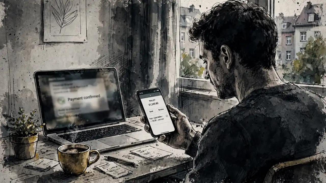 Person bestätigt mobile Zahlung mit Smartphone am Schreibtisch.