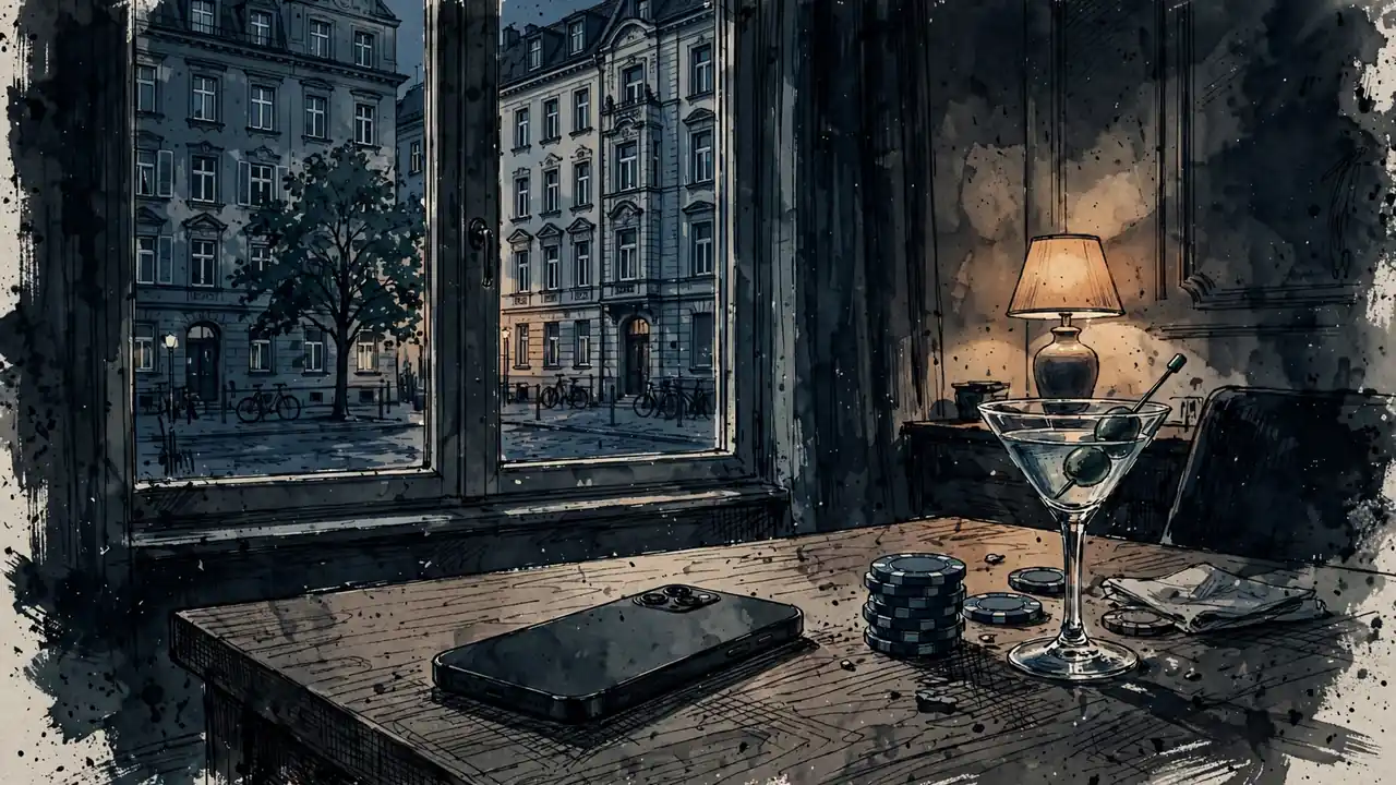 Smartphone auf Holztisch neben Pokerchips und Martini-Glas in moderner Berliner Wohnung.