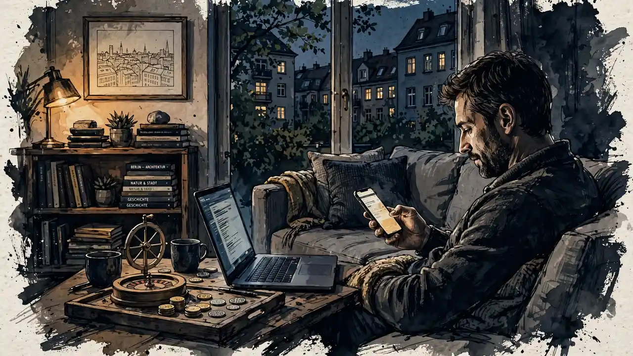 Abendliches Wohnzimmer in Deutschland mit Smartphone, Laptop, Casino-Chips und Roulette auf dem Tisch.