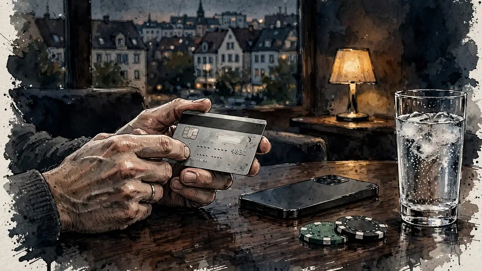 Hände halten Kreditkarte über Tisch mit Smartphone und Casino-Chips
