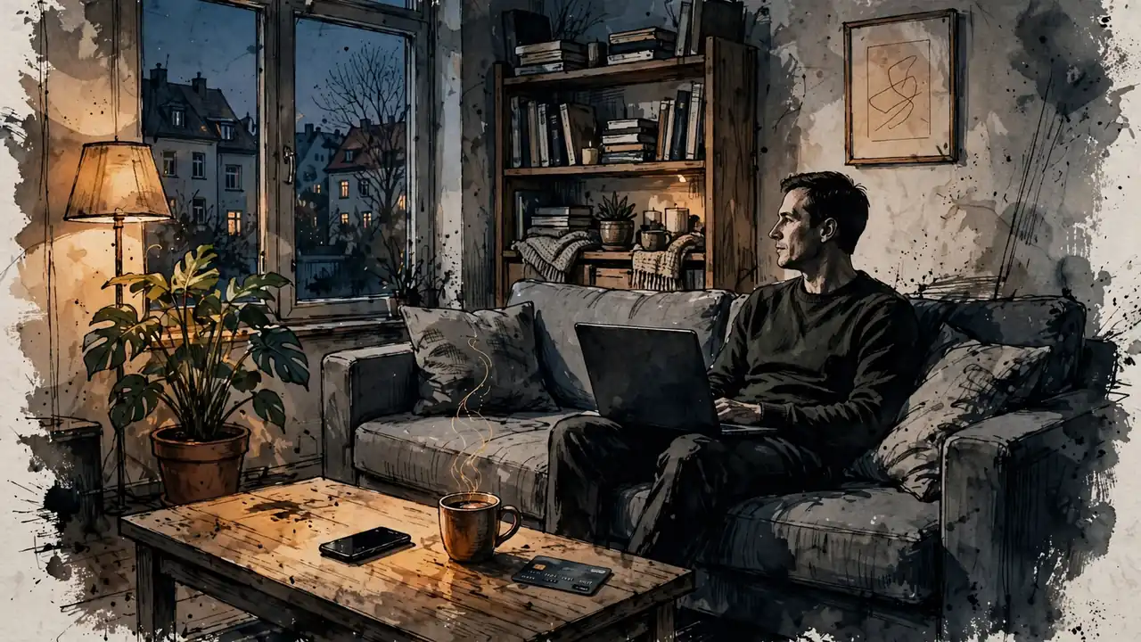Abendlicher Blick ins Wohnzimmer mit Laptop, EC-Karte und Smartphone auf dem Couchtisch.