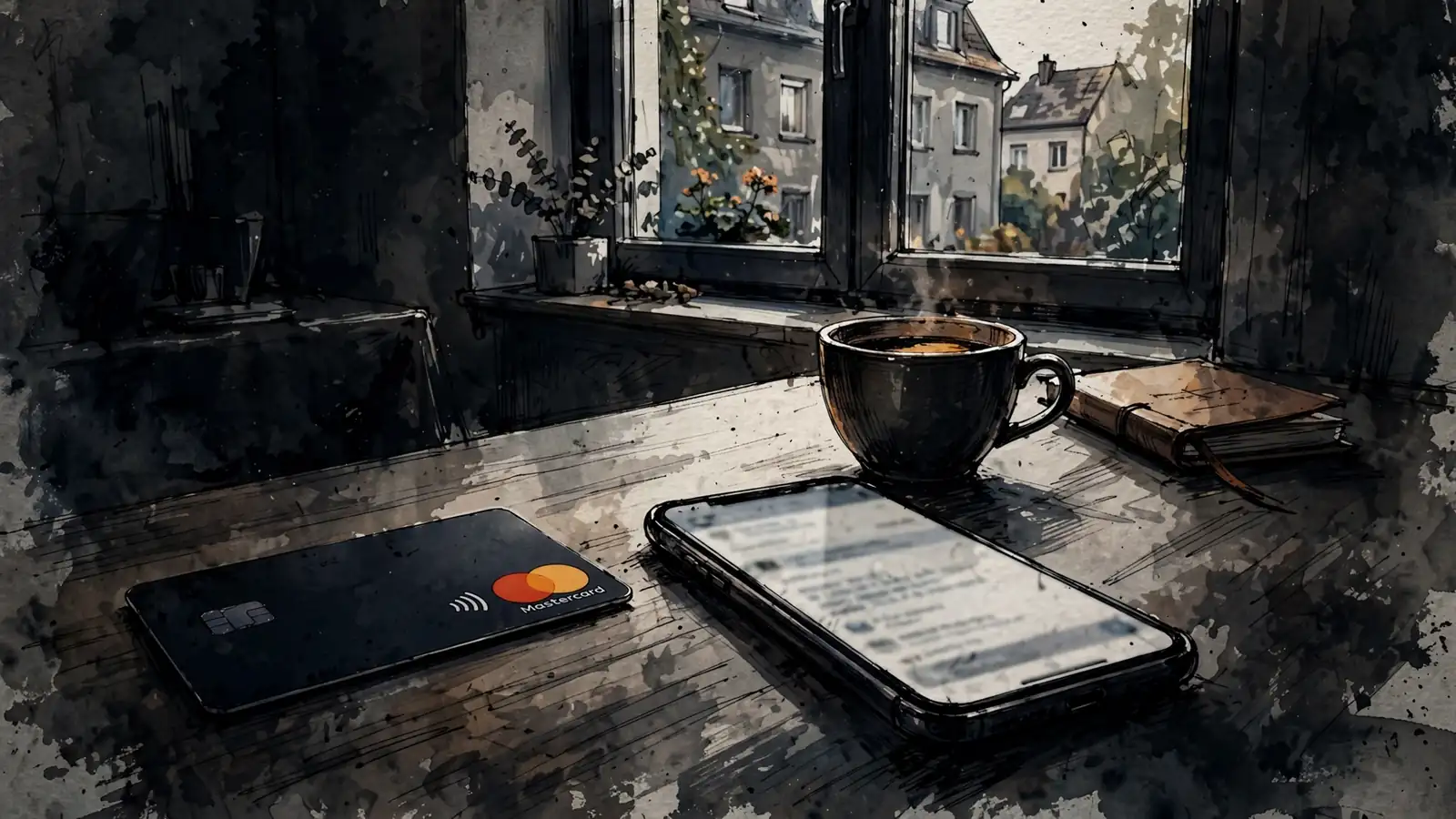 Mastercard-Karte liegt auf einem Tisch neben einem Smartphone im modernen deutschen Wohnzimmer.