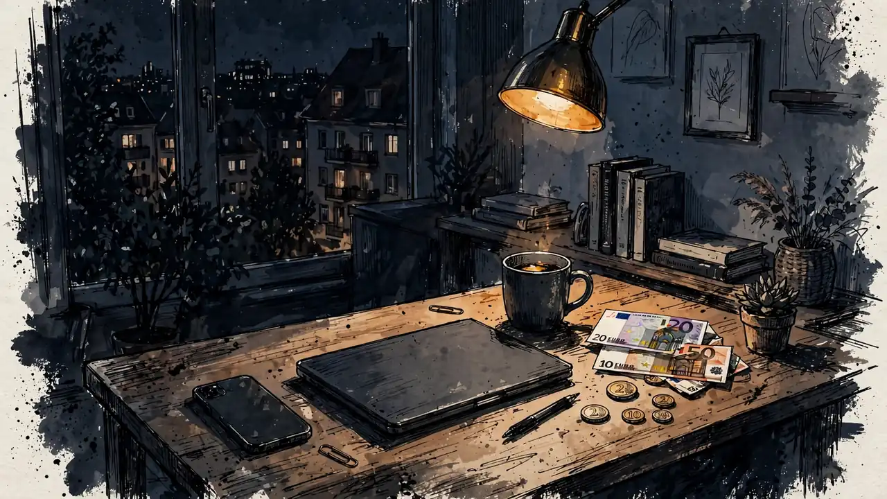 Moderner deutscher Arbeitsplatz mit Smartphone und Euro-Banknoten bei warmem Licht.