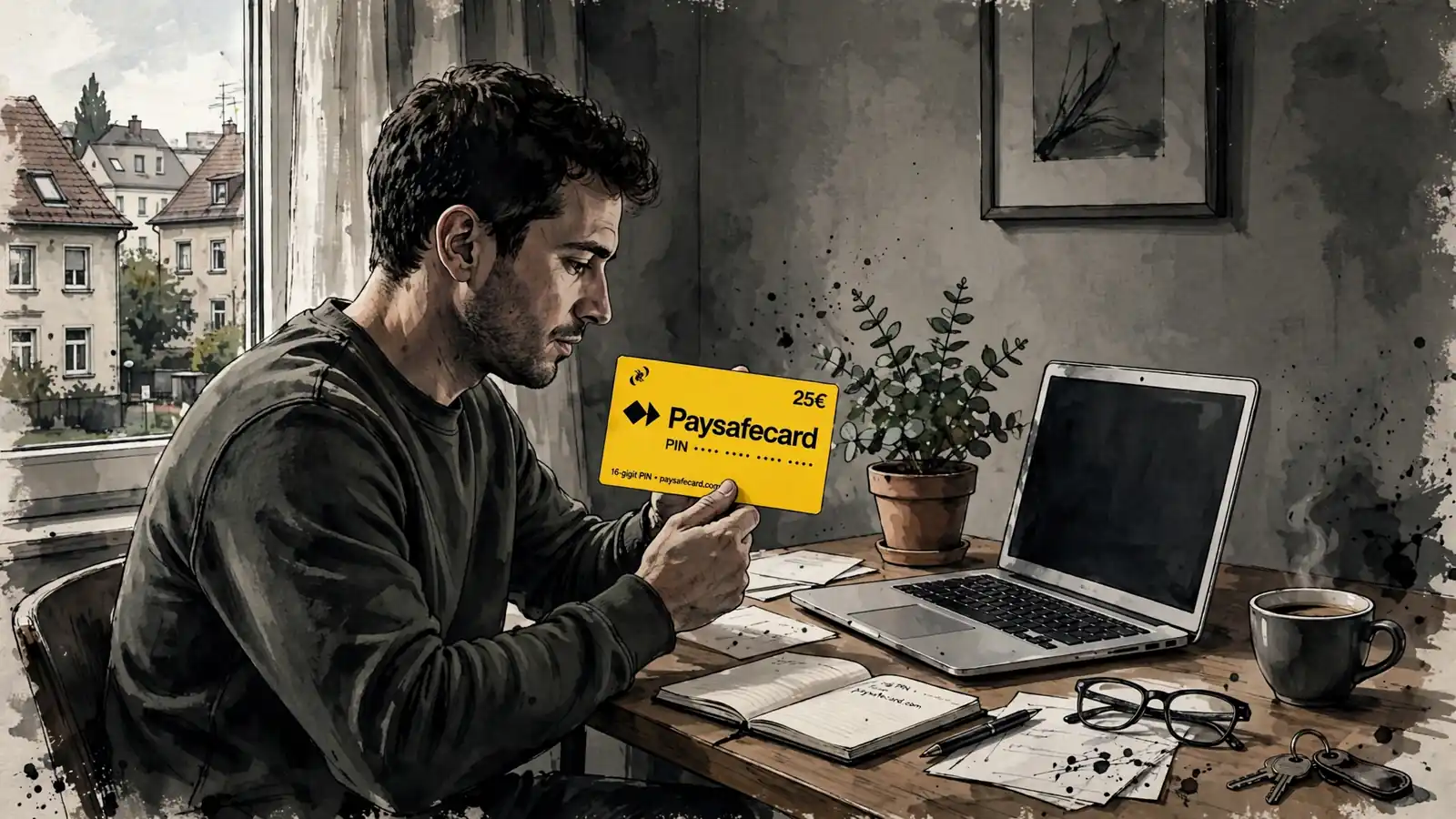 Person hält eine gelbe Paysafecard neben einem Laptop auf dem Schreibtisch.