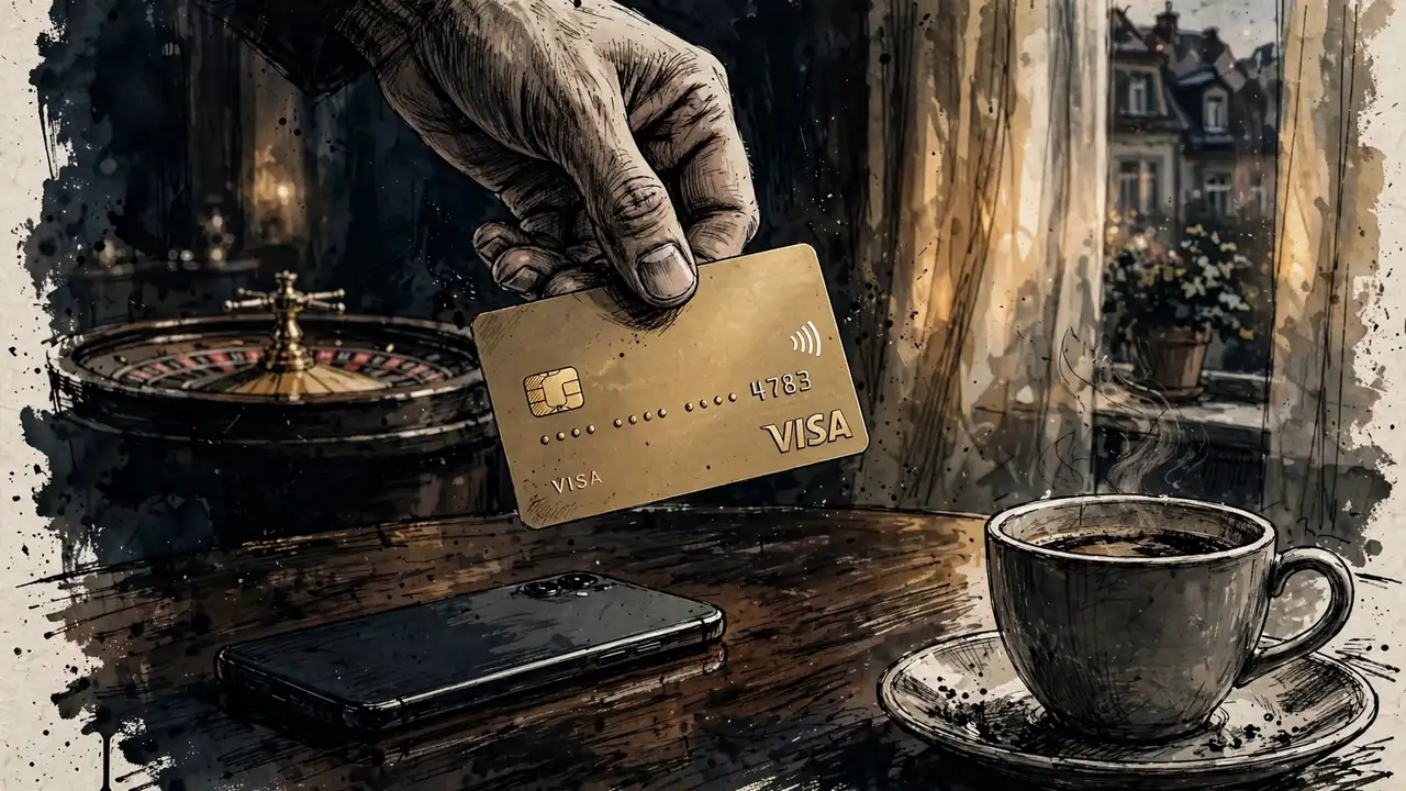 Hand mit Visa-Kreditkarte über Holztisch, Smartphone daneben
