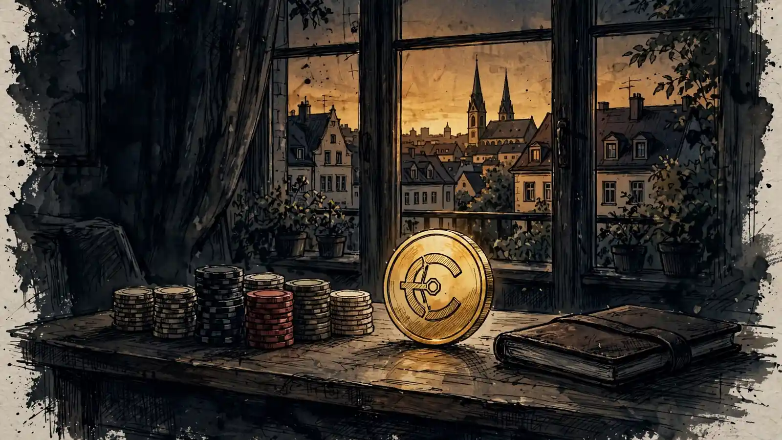 Casino-Chips und eine goldene Kryptomünze auf einem Schreibtisch in einer deutschen Wohnung bei Abendlicht