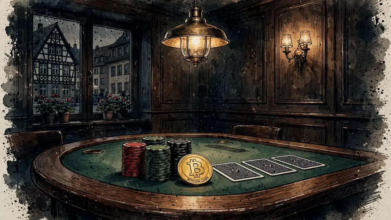 Casino-Tisch mit Spielchips, verdeckten Karten und einer goldenen Bitcoin-Cash-Münze unter warmer Hängelampe