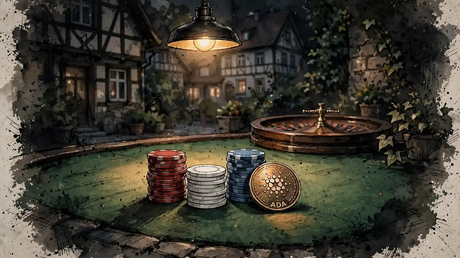 Casino-Tisch mit Pokerchips, Rouletterad und einer Cardano-Münze auf grünem Filz.