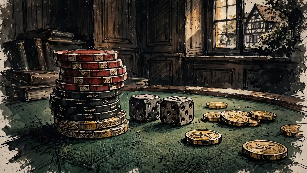 Casino-Chips und Spielmarken auf grünem Filz-Tisch in einem deutschen Spielzimmer.