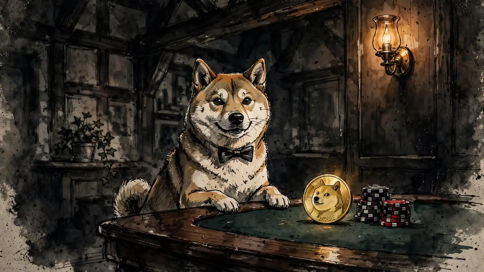 Shiba-Inu-Hund mit Fliege sitzt am Spieltisch neben einer Dogecoin-Münze und Casino-Chips in traditionellem deutschen Ambiente.