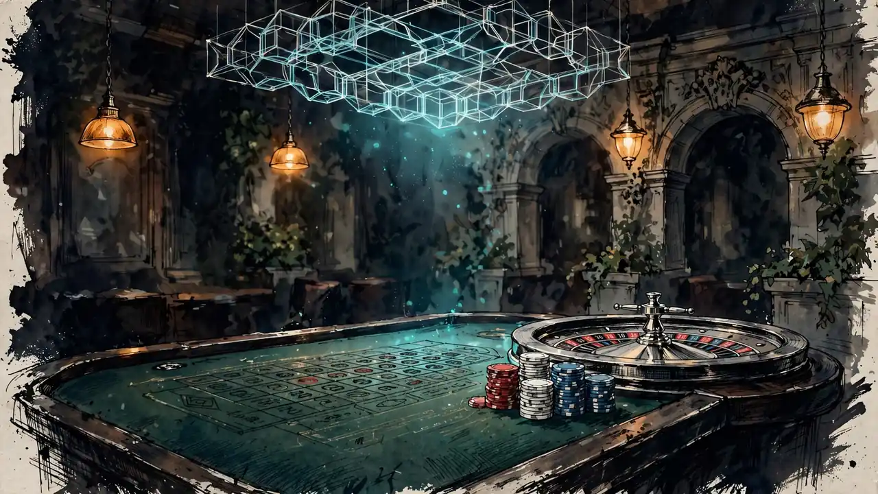Luxuriöser Casino-Tisch mit Rouletterad, Pokerchips und schwebendem Blockchain-Muster im warmen Ambientelicht