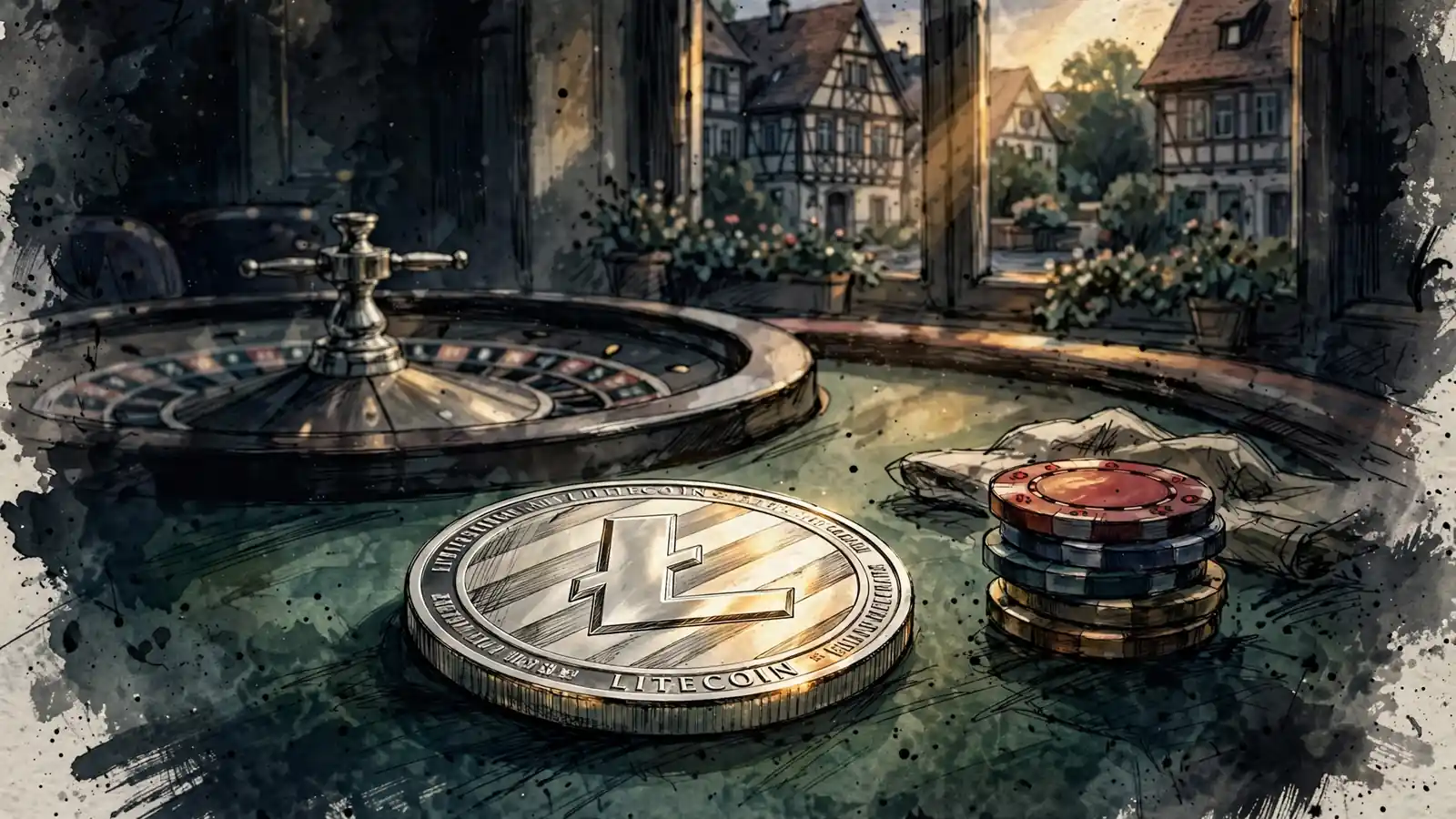 Silberne Litecoin-Münze auf grünem Spieltisch mit Casino-Chips und Roulette im Hintergrund