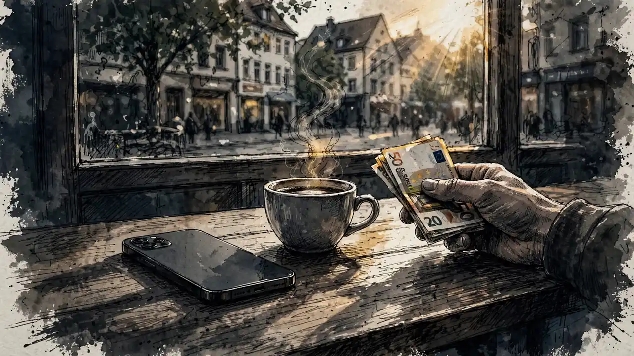 Smartphone mit Euro-Geldscheinen auf einem Café-Tisch in einer deutschen Stadt.