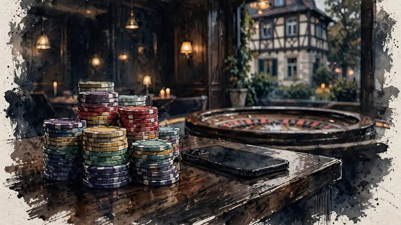 Gestapelte Casino-Chips neben einem Smartphone mit abgewandtem Bildschirm, Roulette-Tisch im Hintergrund