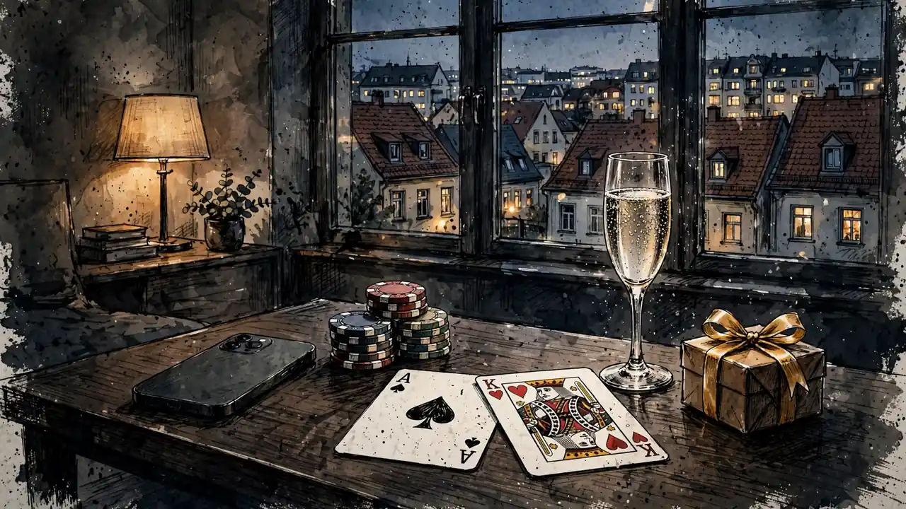 Modernes Wohnzimmer mit Casino-Chips, Smartphone und Geschenkbox auf dem Tisch