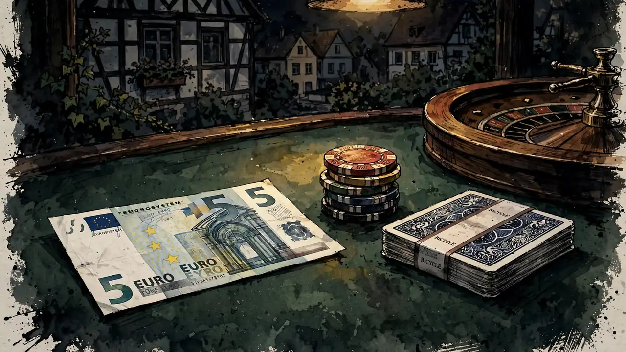 Fünf-Euro-Banknote mit Spielchips und Karten auf grünem Casino-Tisch.