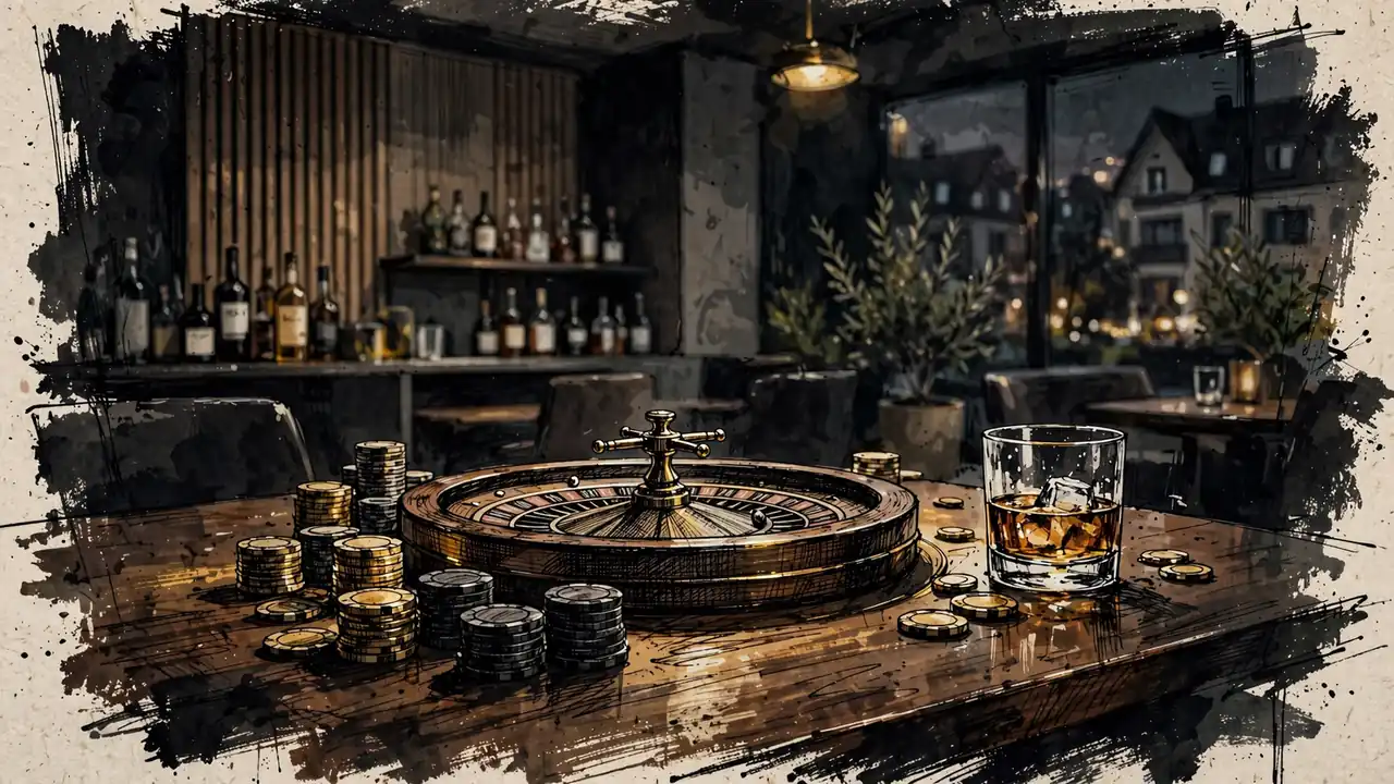 Stilvolle Casino-Lounge mit Roulette, goldenen Chips und Whiskey bei warmem Abendlicht