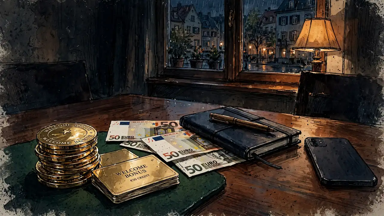 Goldene Bonus-Chips und Notizbuch auf Filzunterlage mit Smartphone und Euro-Scheinen.