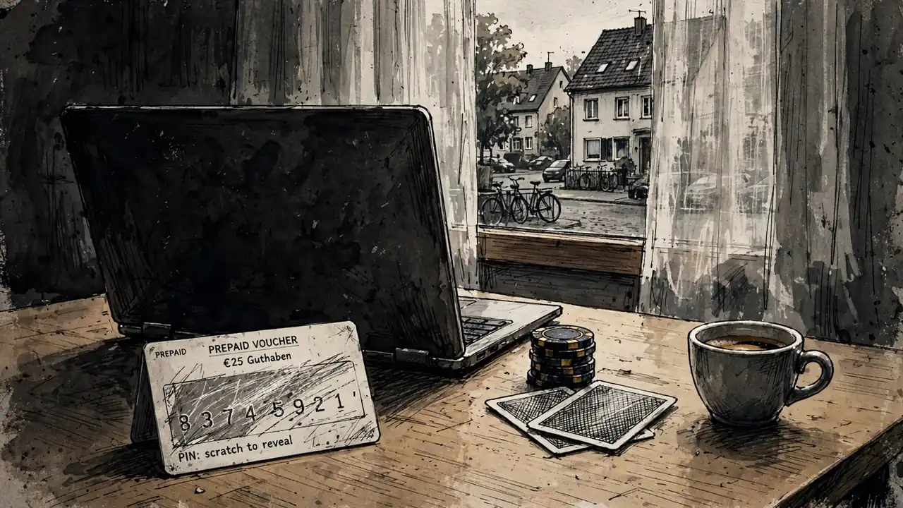 Prepaid-Gutschein mit freigerubbeltem PIN neben Laptop und Spielchips auf einem Schreibtisch.