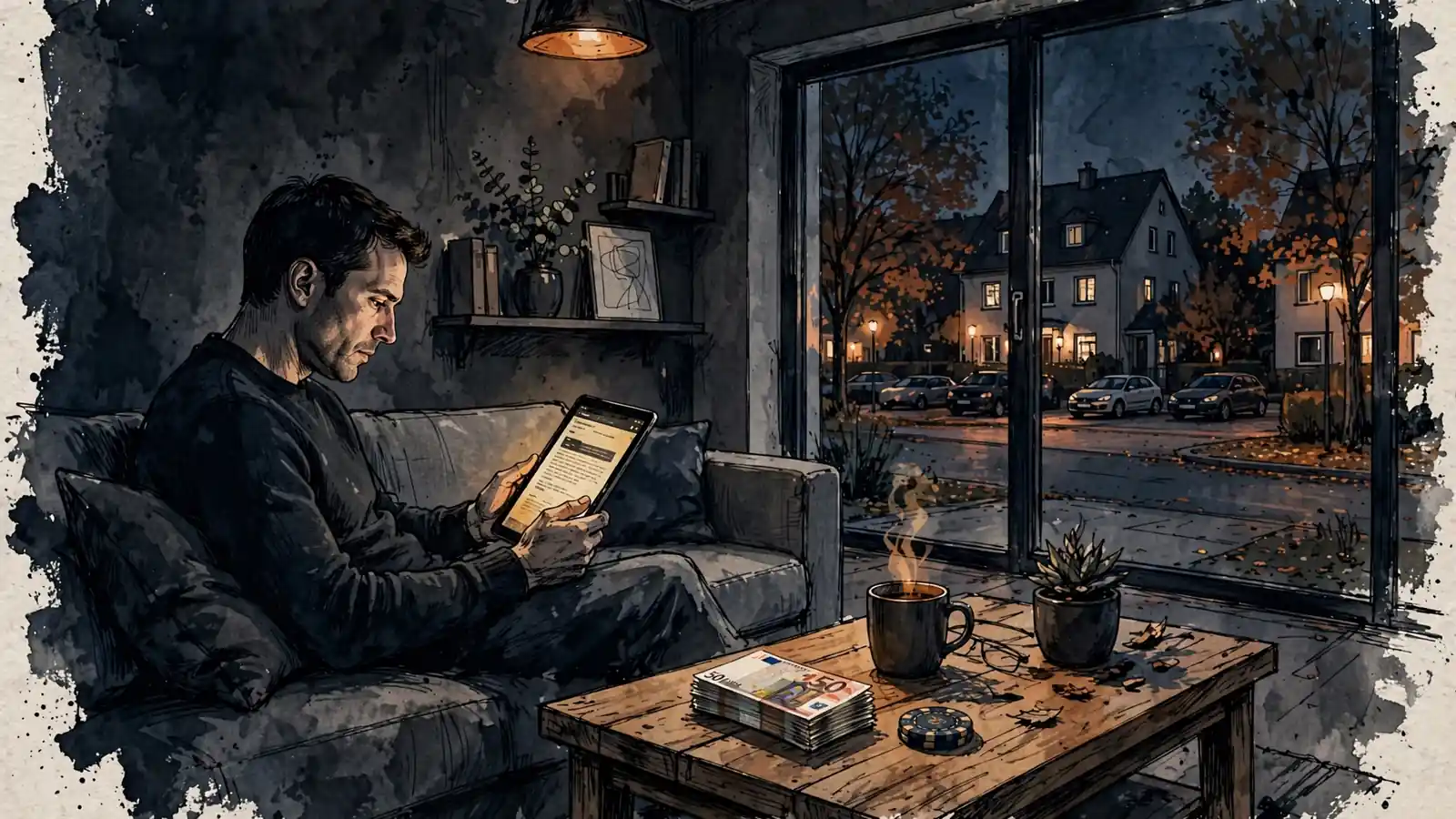 Person liest abends Tablet auf dem Sofa neben Chip und Geldscheinen