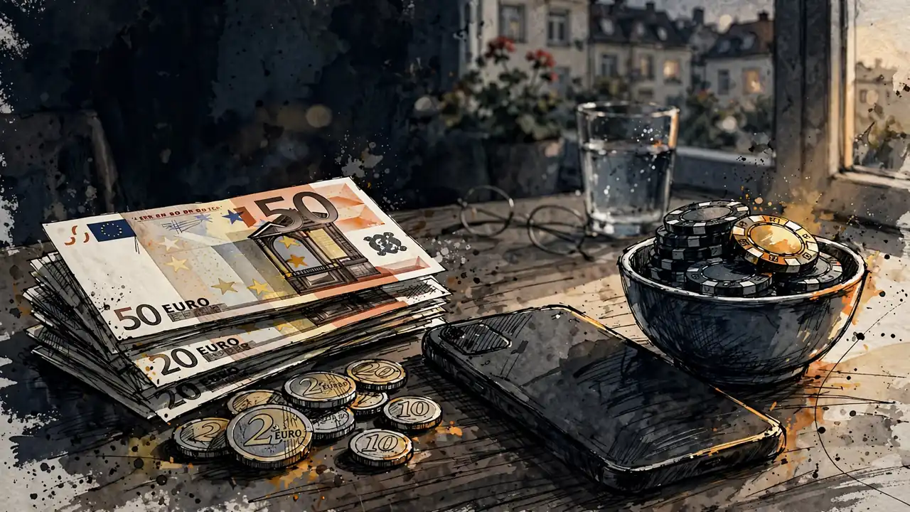 Euro-Geld, Casino-Chips und Smartphone mit abgewandtem Bildschirm auf einem Tisch