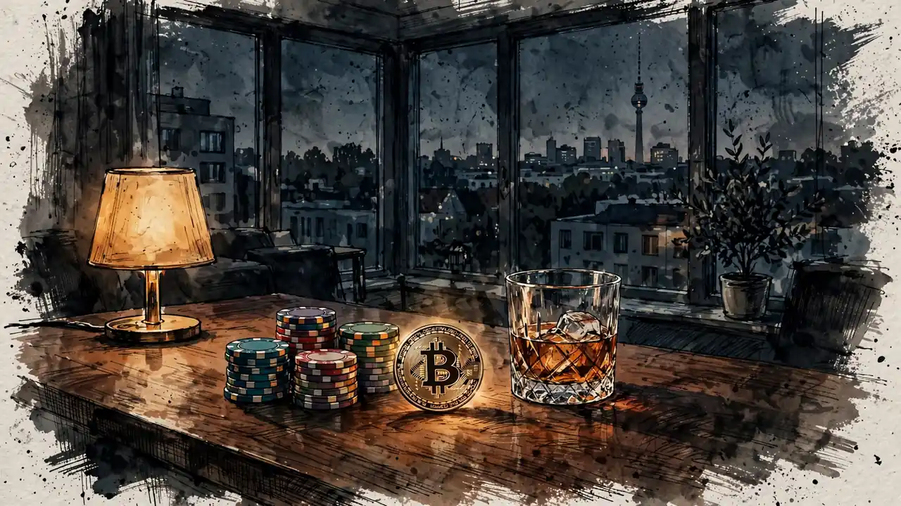 Casino-Chips und Bitcoin-Token auf einem Holztisch bei warmem Abendlicht mit Berliner Skyline.