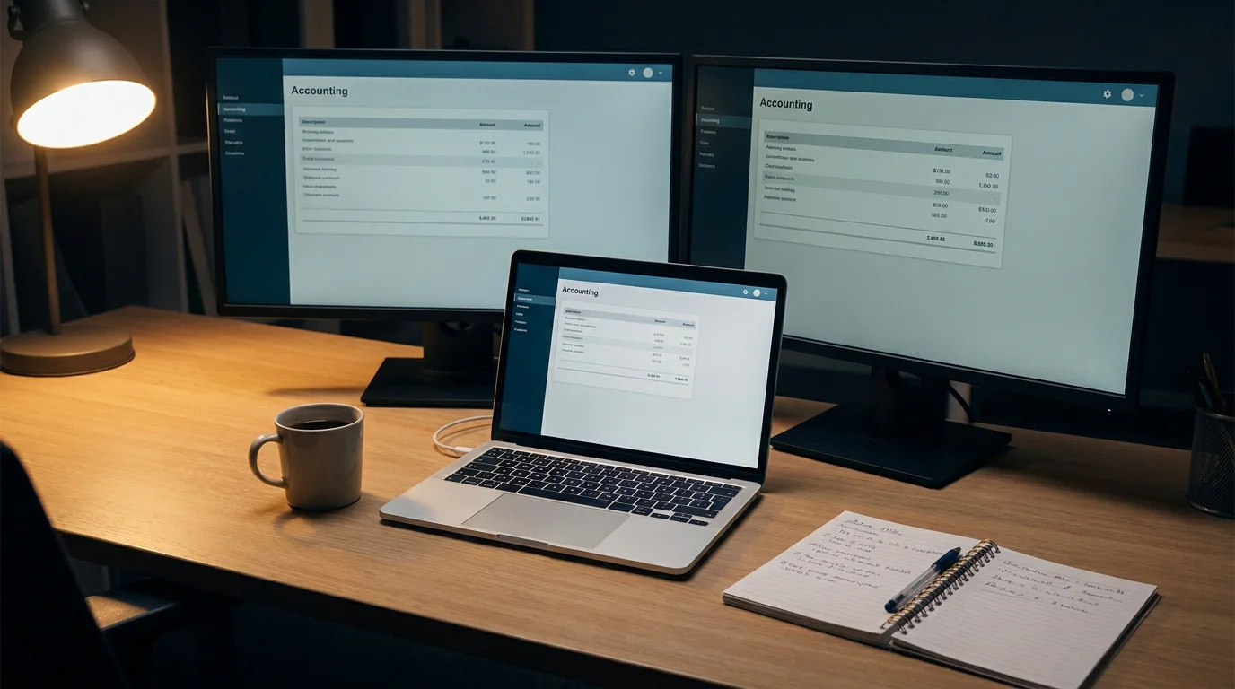 Laptop auf einem Schreibtisch mit zwei Monitoren, eine Buchungssoftware-Oberfläche ohne erkennbares Markenlogo, dämmeriges Bürolicht, ein Kaffeebecher daneben