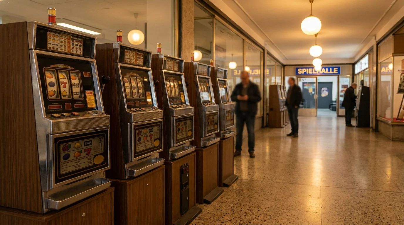 Reihe klassischer Spielautomaten in einer deutschen Spielhalle steht für das Merkur-Angebot