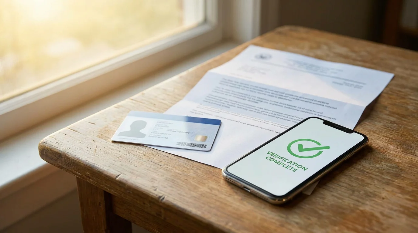 Nahaufnahme von Personalausweis und Adressnachweis auf einem Holztisch, daneben ein Smartphone mit Casino-App