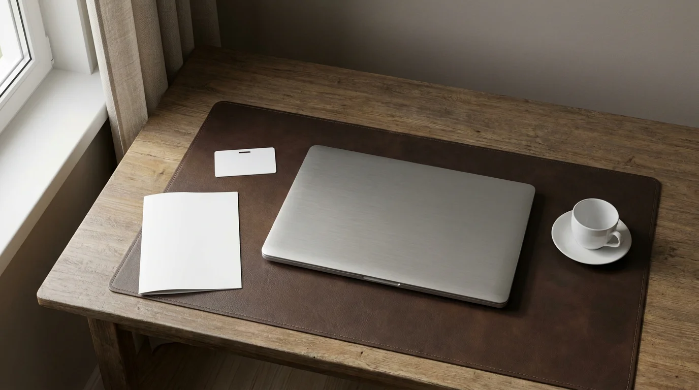 Schreibtisch mit Laptop, Ausweisdokument und Adressbescheinigung neben einer Kaffeetasse