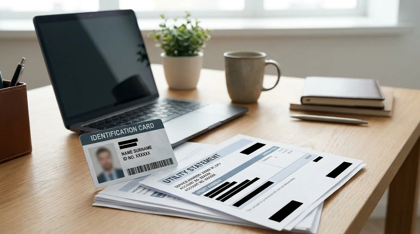 Personalausweis und Adressnachweis auf Schreibtisch für KYC-Verifizierung