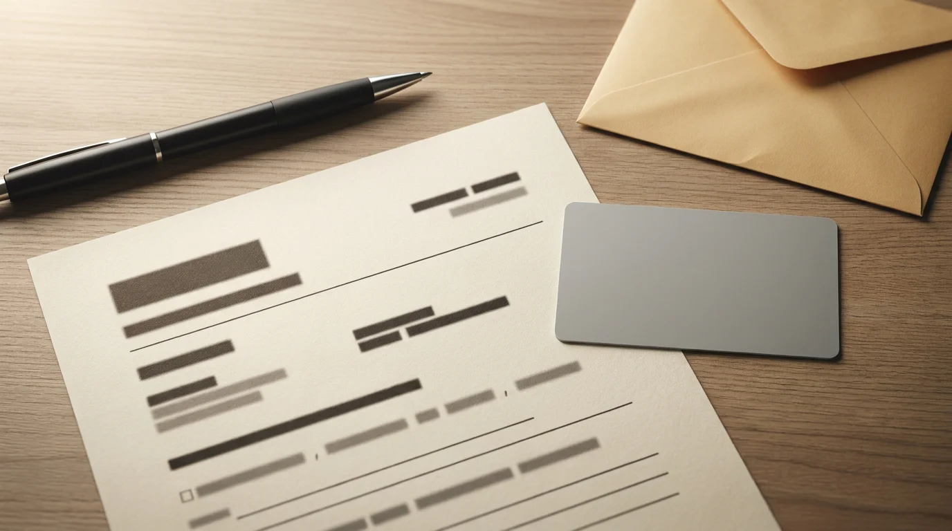 Aufgeklappter Personalausweis mit Adressnachweis und Stempel auf einer Schreibunterlage