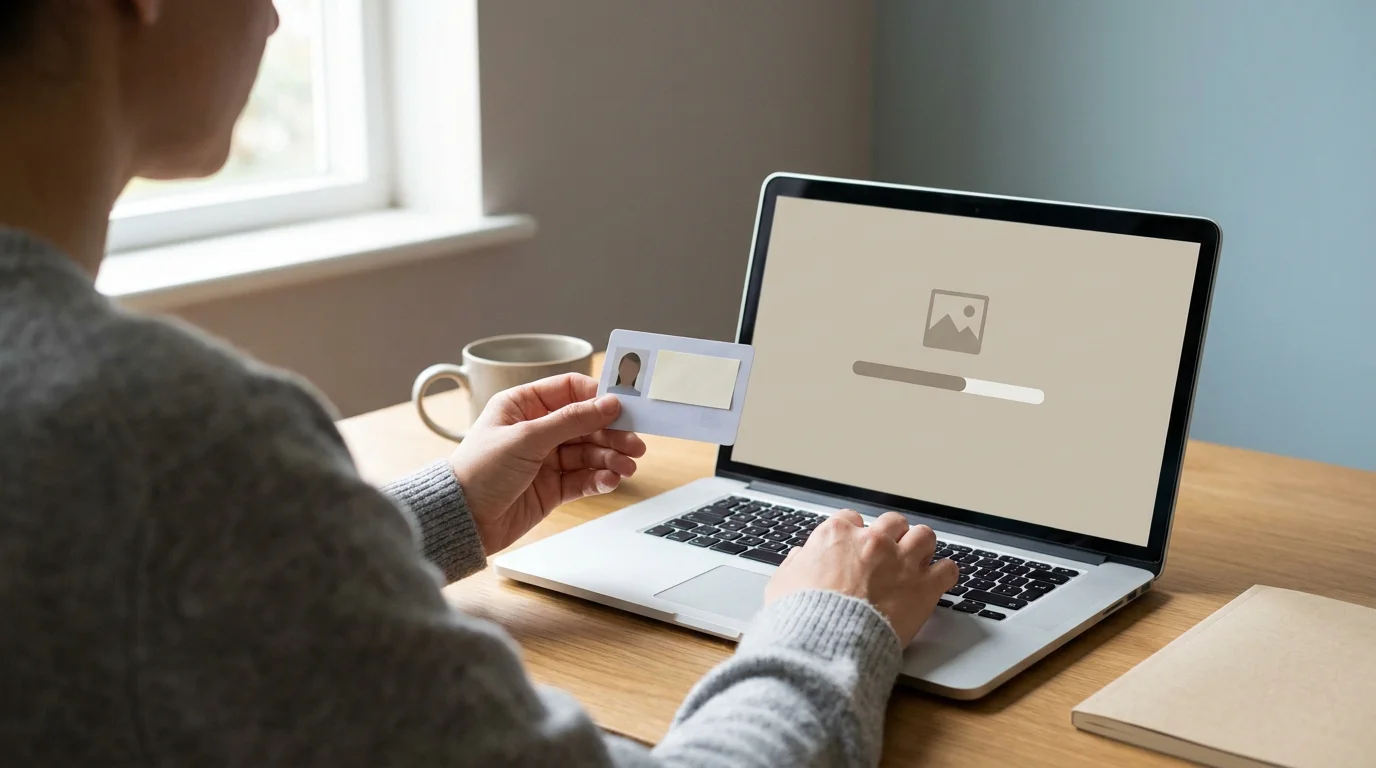 Person mit Ausweisdokument vor Laptop bei der Kontoverifizierung im Online Casino