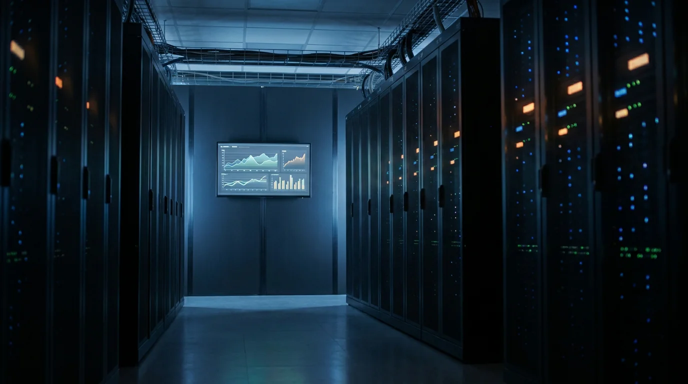 Serverraum mit Reihen von Datenschränken und einem Kontroll-Bildschirm mit anonymisierten Aktivitäts-Statistiken