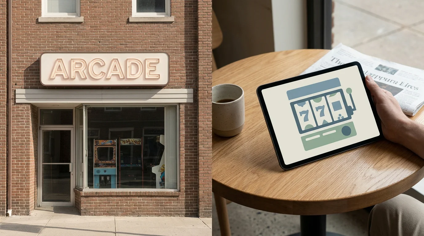 Spielothek-Fassade eines Merkur-Standorts mit beleuchtetem Schriftzug, daneben eine moderne Online-Casino-Oberfläche auf einem Tablet