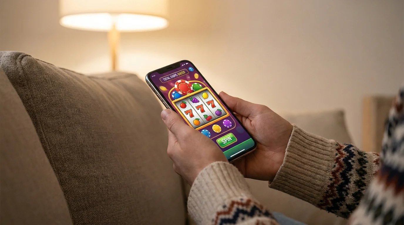 Smartphone-Display zeigt Merkur-Spielautomaten im Social-Casino-Modus ohne Echtgeld