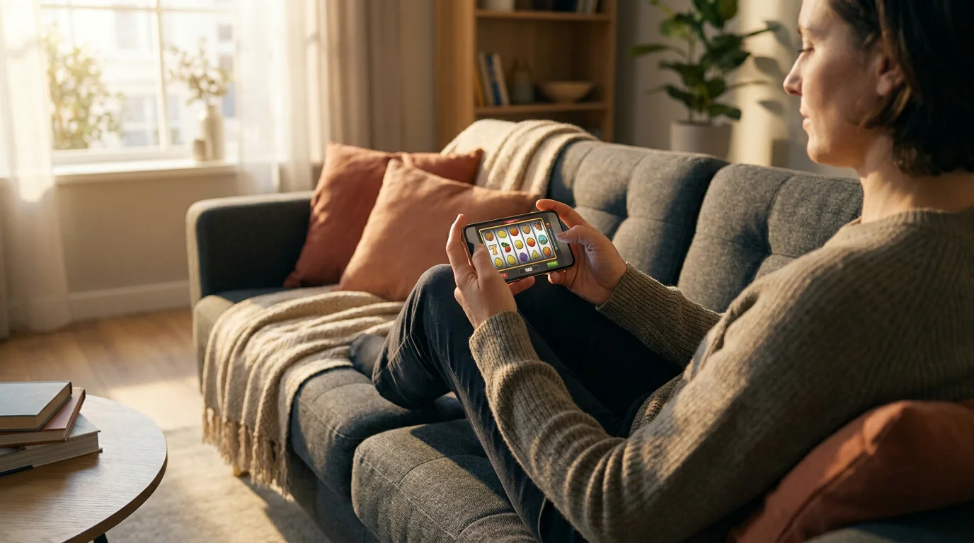 Person mit Smartphone auf einem Sofa öffnet eine neutrale Slot-Oberfläche im mobilen Browser