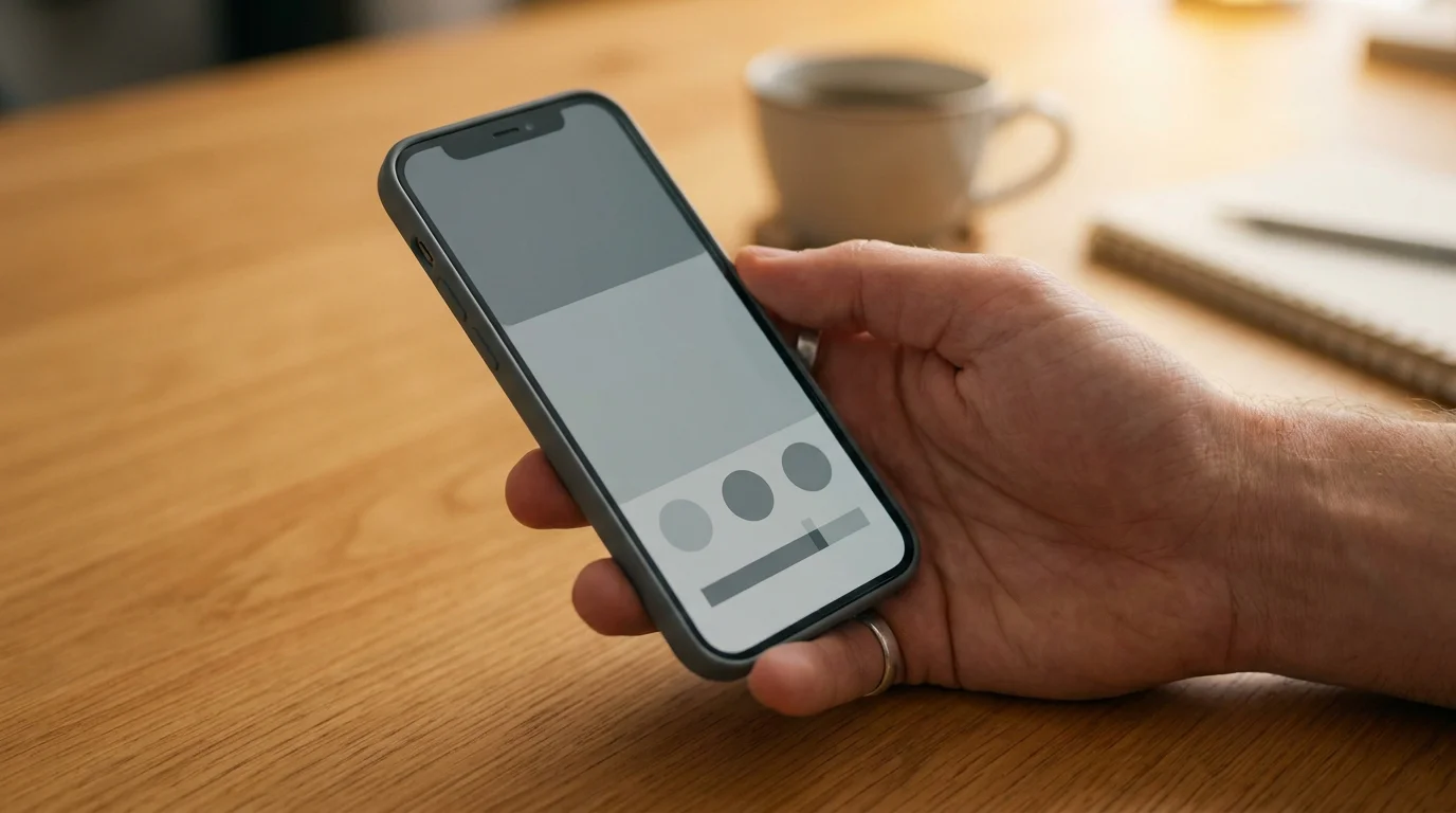 Hand hält ein Smartphone mit einer neutralen Kachel-Oberfläche über einem Holztisch mit warmem Umgebungslicht