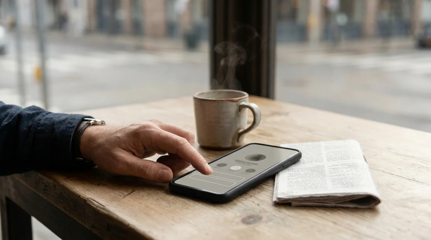 Smartphone in ruhiger Hand mit geöffneter Kasino-App auf einem hellen Cafétisch neben einer Tasse Kaffee