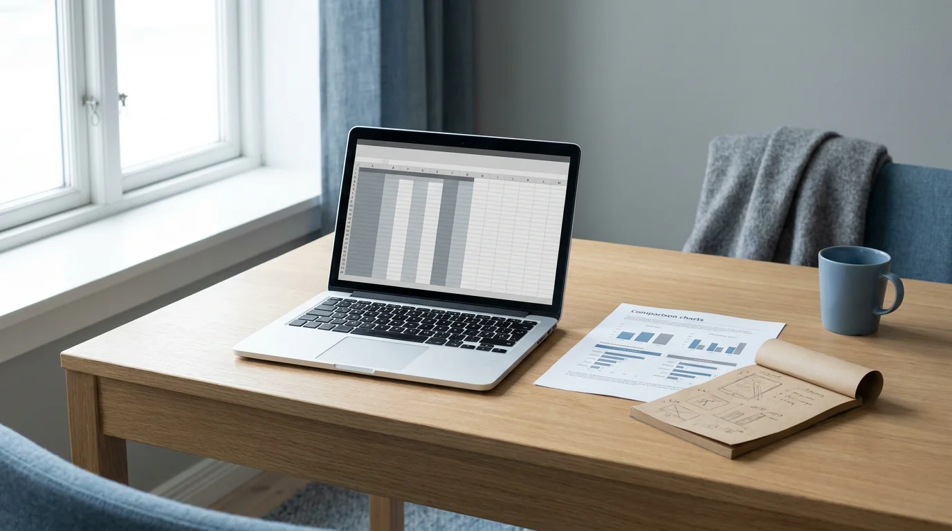 Schreibtisch mit Laptop und einem Notizbuch, daneben ein Ausdruck mit Tabelle