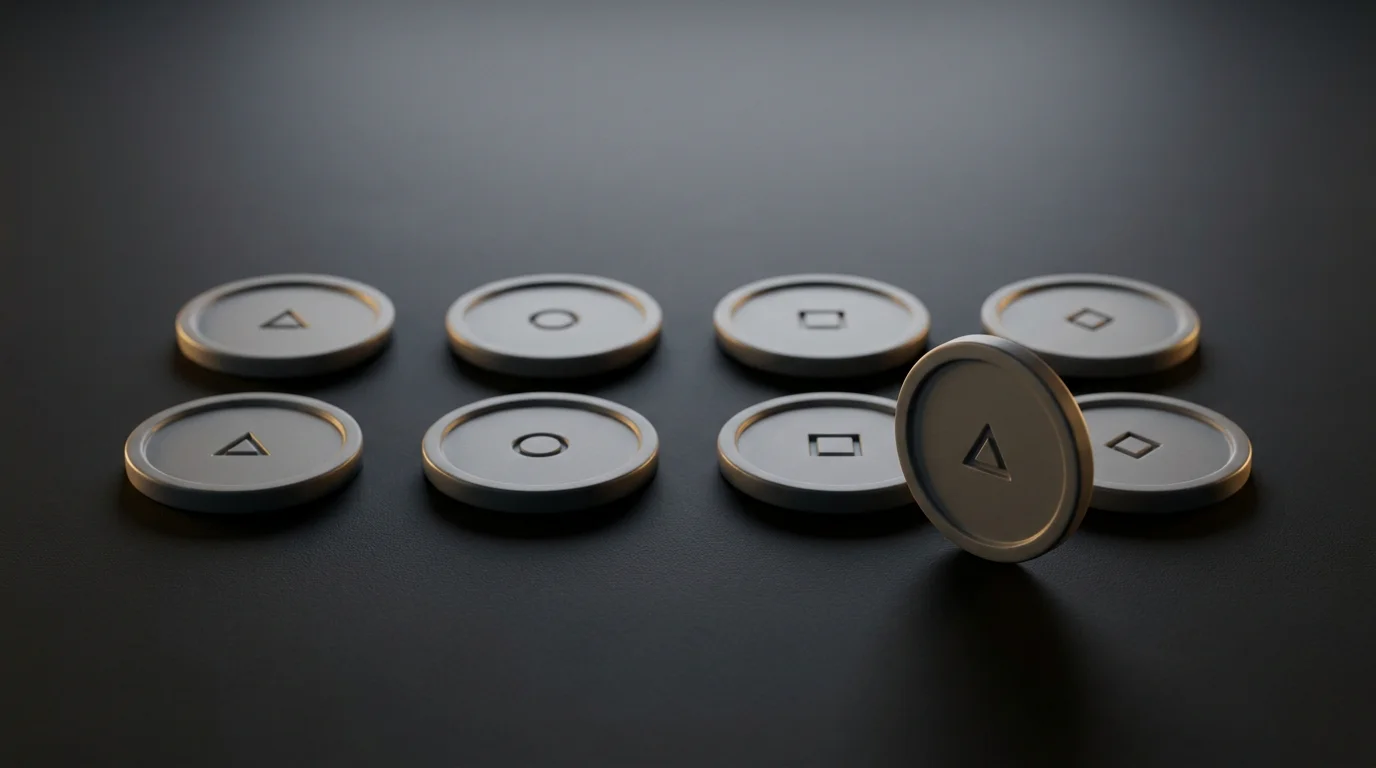 Aufgereihte generische Spielsymbole und Chip-Token ohne erkennbare Marken auf dunklem Hintergrund