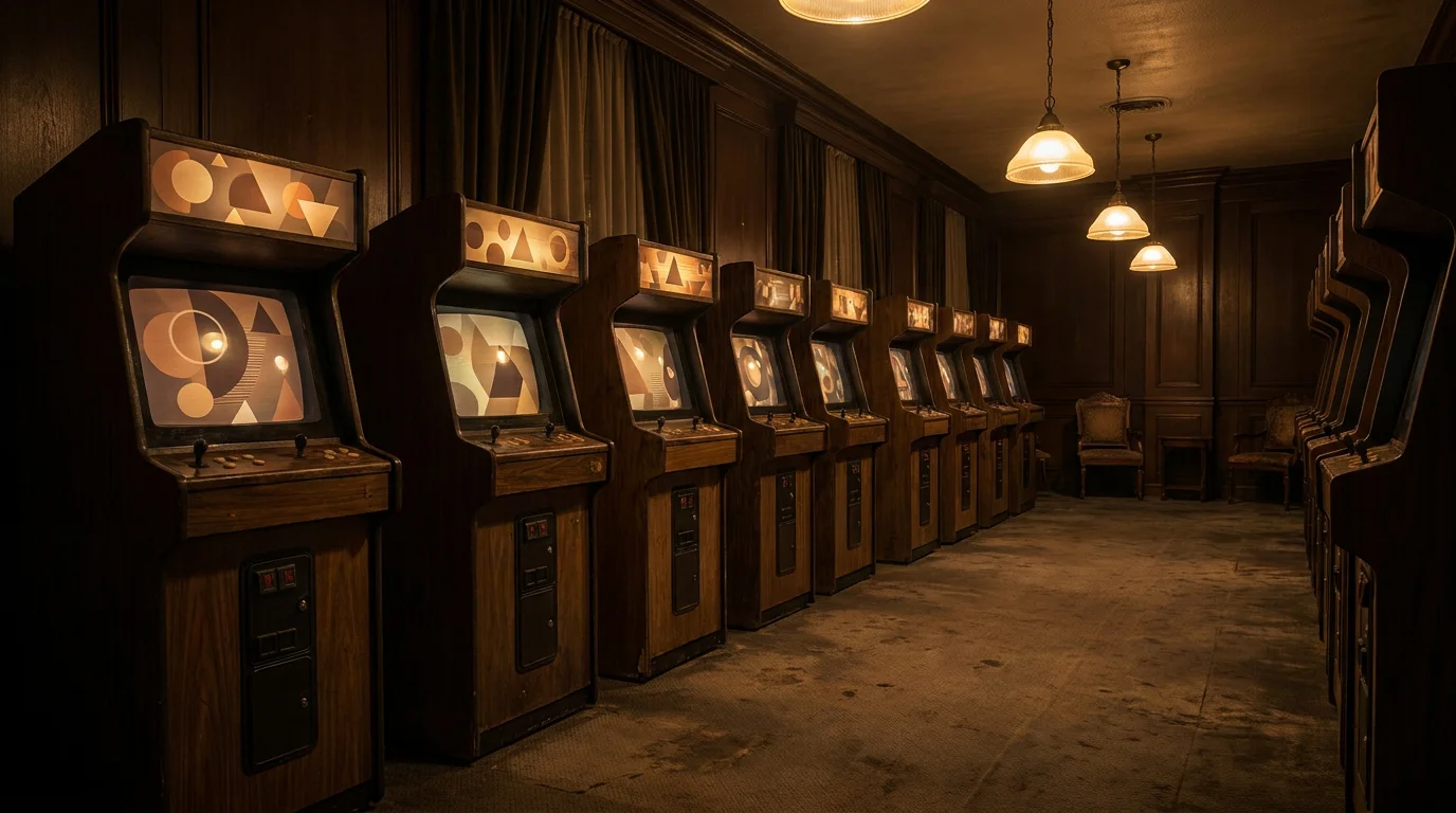 Reihe klassischer Spielautomaten in gedämpftem Licht als Sinnbild für die deutsche Spielhallen-Tradition