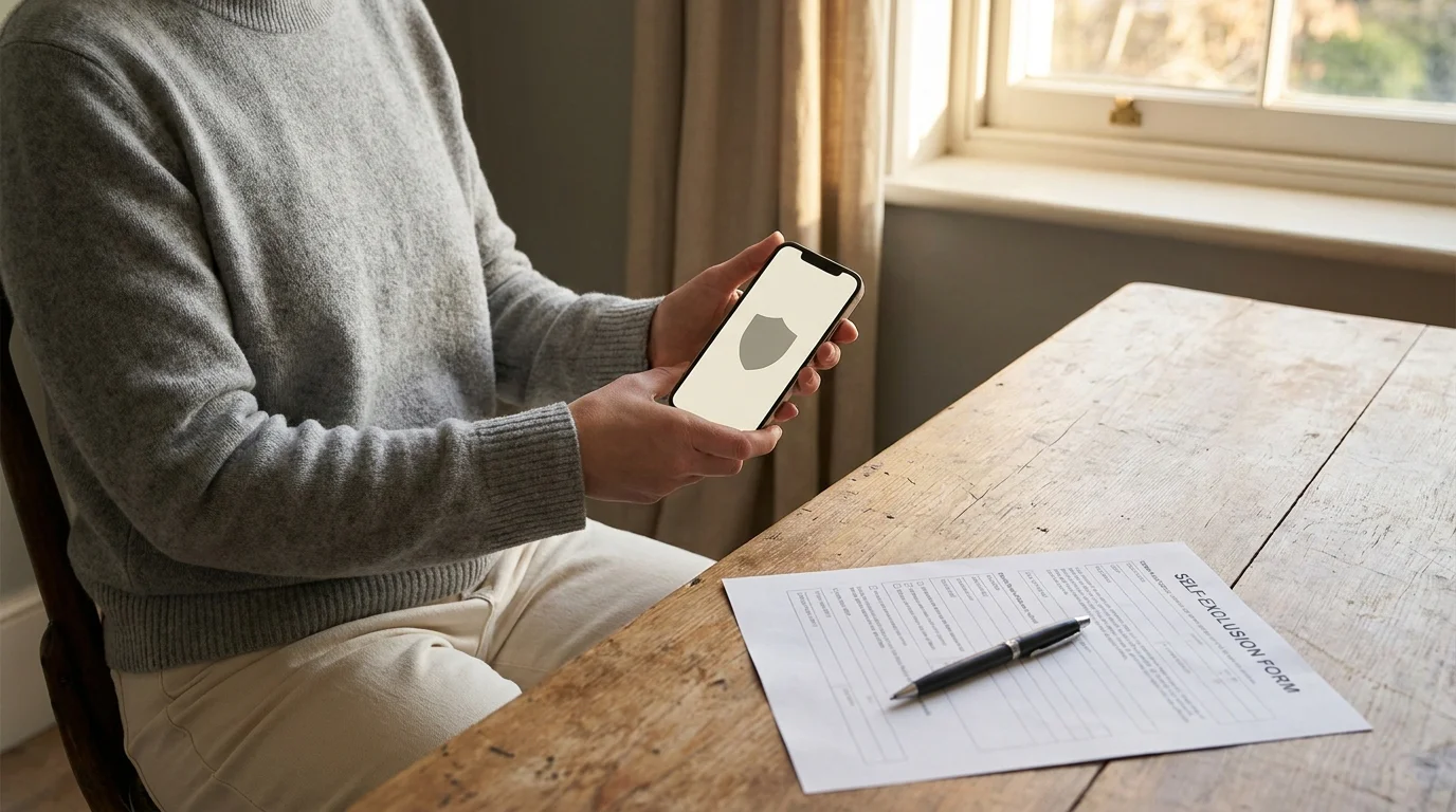 Person am Schreibtisch prüft eine Sperrmeldung auf dem Smartphone