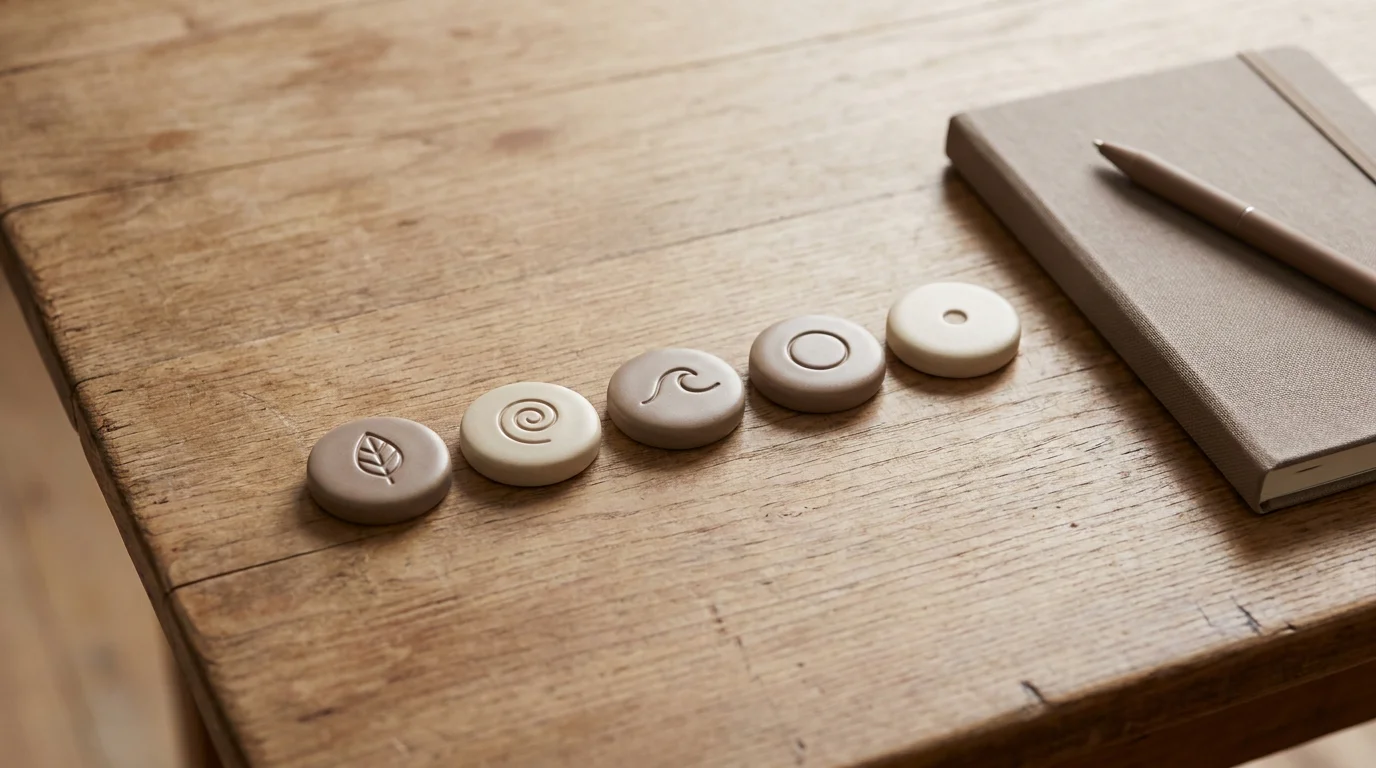 Übersicht von fünf Marken-Tokens auf einem Schreibtisch
